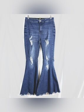 L&B Lucky & Blessed Flare Bell Bottoms High Rise Distressed Jeans With Raw Hem